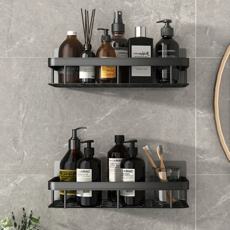 PunchFree Bathroom Shelf No Drill Corner Shower Storage Rack Square Aluminum Organizer Holder for Bathroom Kitchen