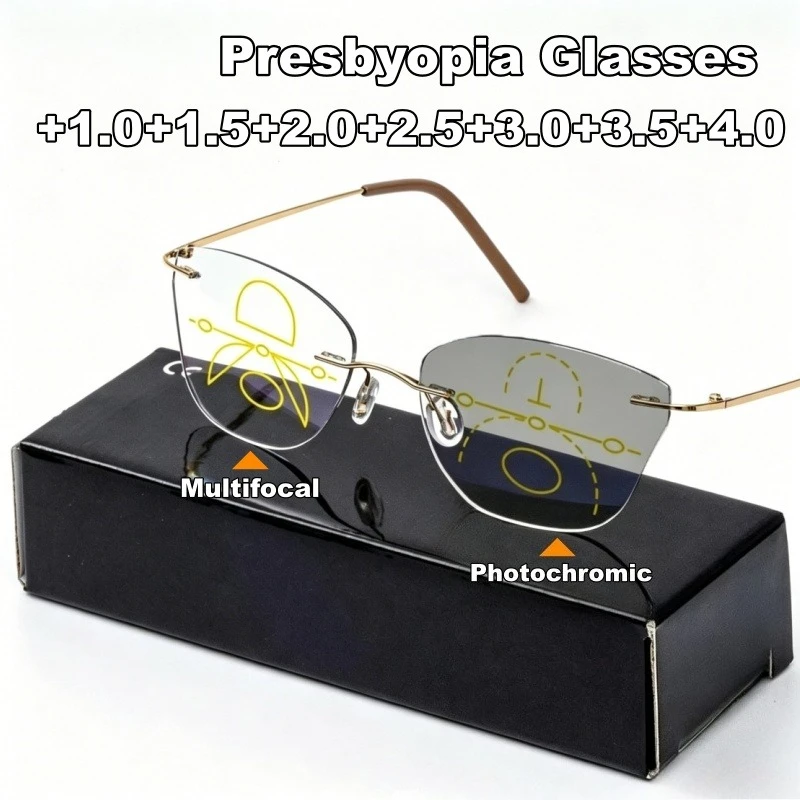 Lunettes de presbytie progressives multifocales photochromiques sans monture, style œil-de-chat, ultra-légères et confortables, lunettes de lecture bifocales