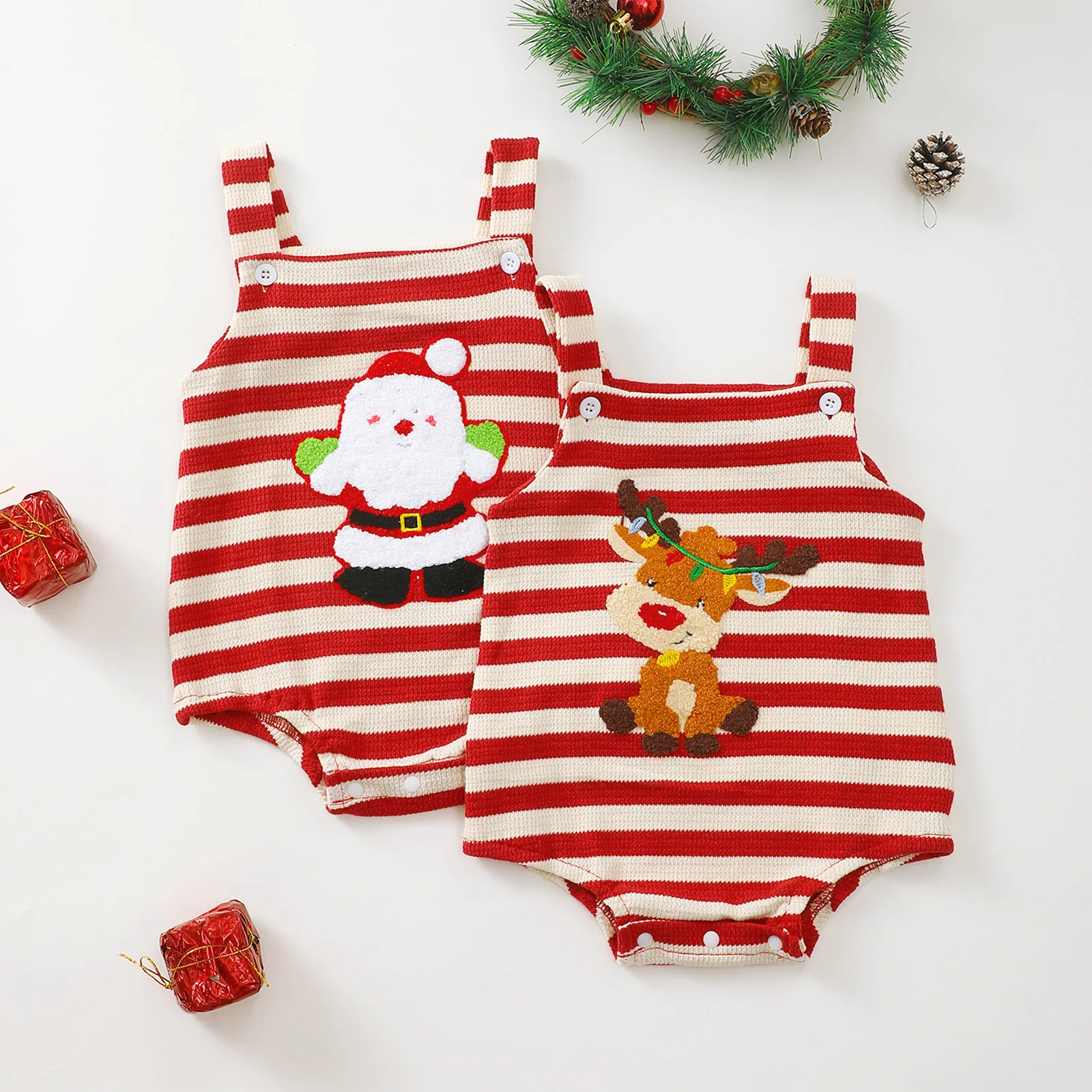 Weihnachten besticktes Muster Baby Strampler mit Trägern Urlaub Baby Body Säuglingskleidung Festliches Baby Outfit