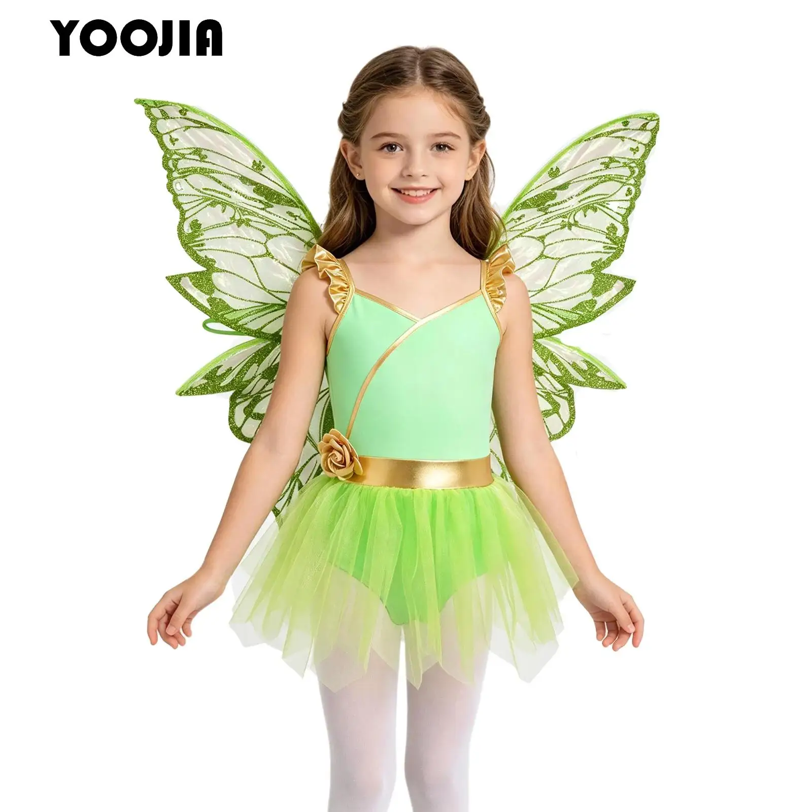 Kids Girls Halloween Green Princess Dress Ruffle Mesh Overlay Leotard with Butterfly Set Wing Fairy Tale Forest Tinkers Costume