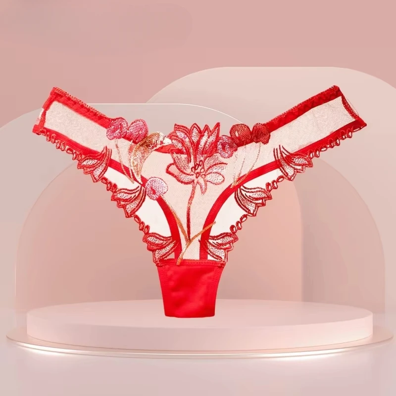 

Embroidered Sheer Thong Women Hollow Out Sexy Stretch T-Back Underwear
