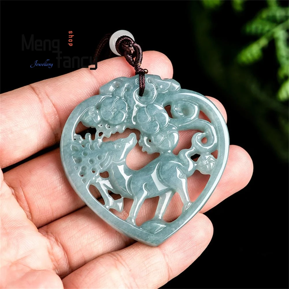 Natural A-goods Jadeite Blue Water a Deer Have You Ethnic Style Couple Jade Pendant Exquisite Mascot Fashion Luxury Fine Jewelry