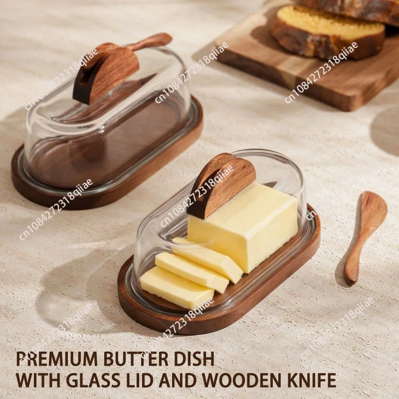 Butter Box Wooden Tray with Glass Cover Rectangle Butter Storage Dessert Cake Cheese Box