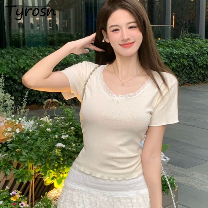 Elegant ผู้หญิงเสื้อยืดลูกไม้เสื้อผ้าความงามผอมฤดูร้อน Breathable น้ําหนักเบาโบว์สาวหวาน Preppy สไตล์เกาหลี Temper