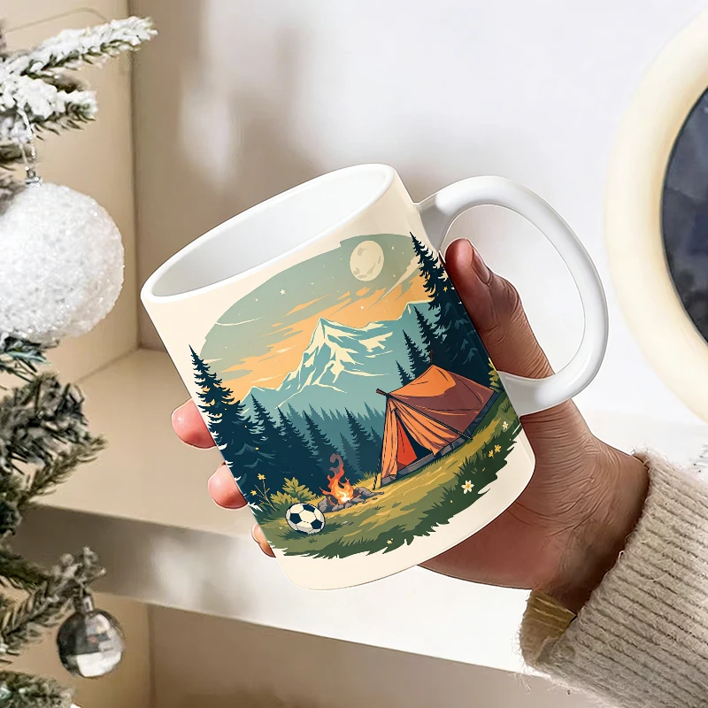 Adventure Camping Mountain Retreat with Tent and Soccer Ball Mug with a bottle opener function of 2026 Major Football Event