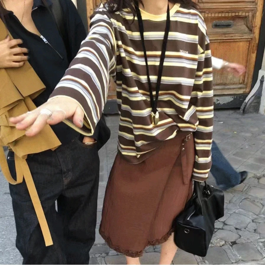 

Женский винтажный приталенный пуловер с длинным рукавом и цветными полосками, осень 2026, в стиле Донгдамун