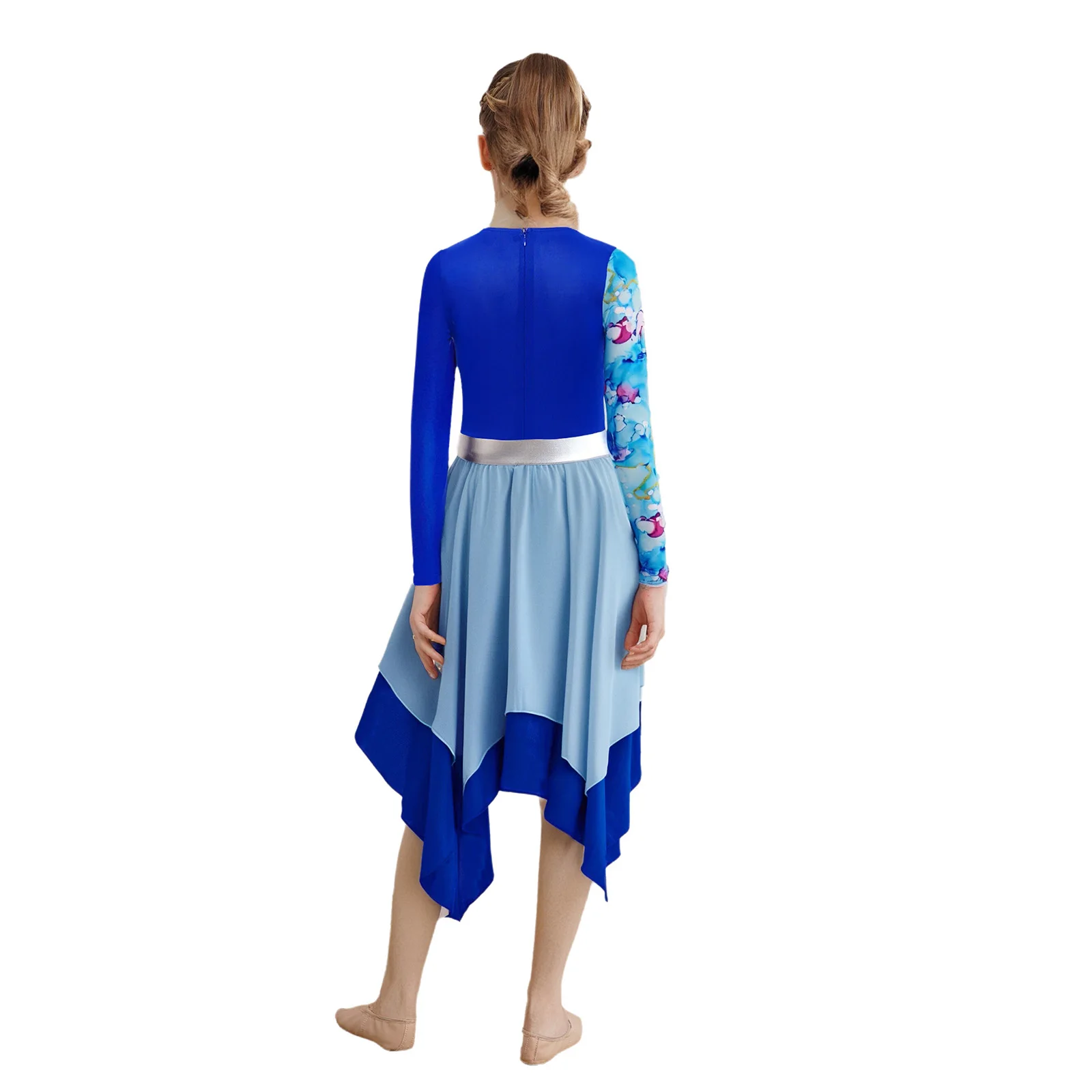 الفتيات الثناء الغنائي فستان رقص حديث كم طويل غير النظامية هيم فستان العبادة الليتورجية الرقص عرض مسرحي أزياء مسرحية