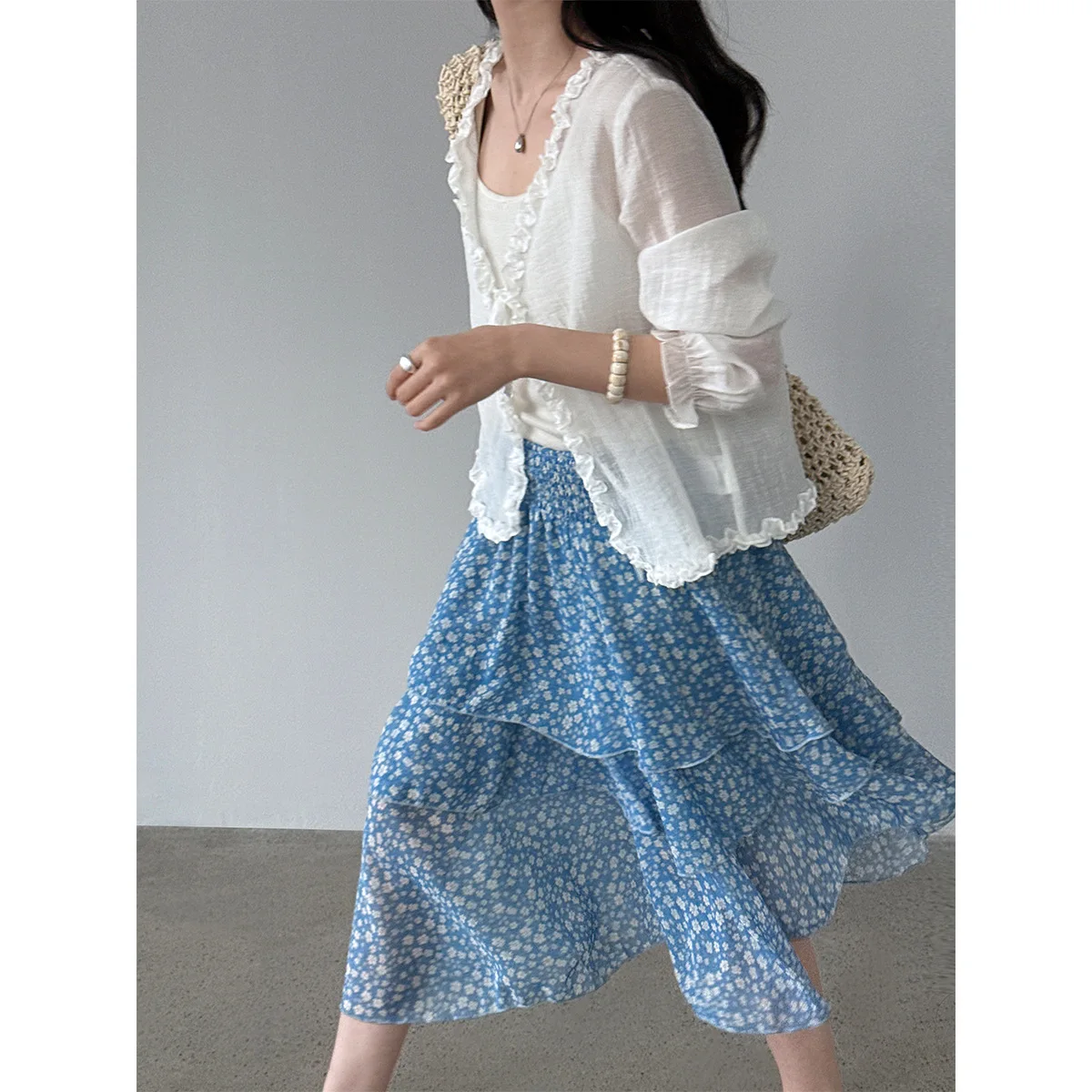 Skirts Women Mid Length Skirt A Line Elastic Waist Slim Fit Print Floral Casual Beach Ruffles Elegant Y2k Streetwear Work 2026