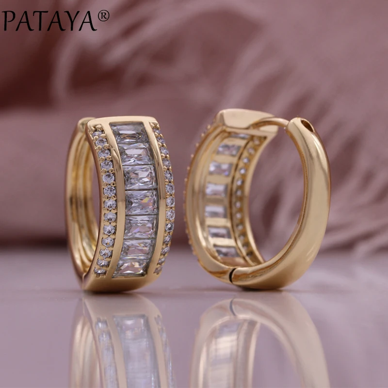 PATAYA Vintage 585 Rose Gold Color Jewelry Set Pattern Double Row Sparking Natural Zircon Wedding Earrings Ring