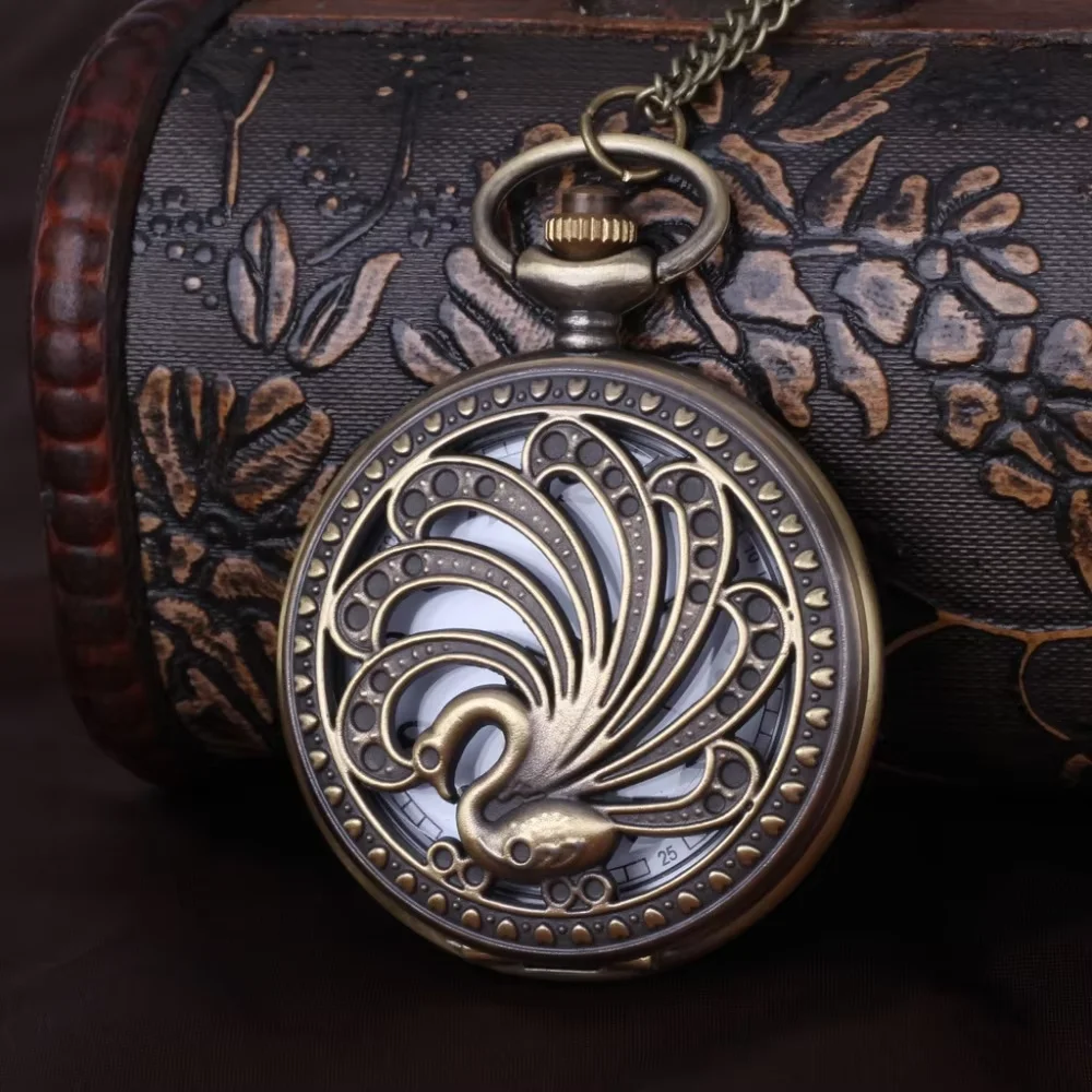 0 Unique Elegant Wings Of The Swan Perspective Watch Bronze Skeleton Classic Chain Quartz Clock Fashion Casual Gift Pocket Watch
