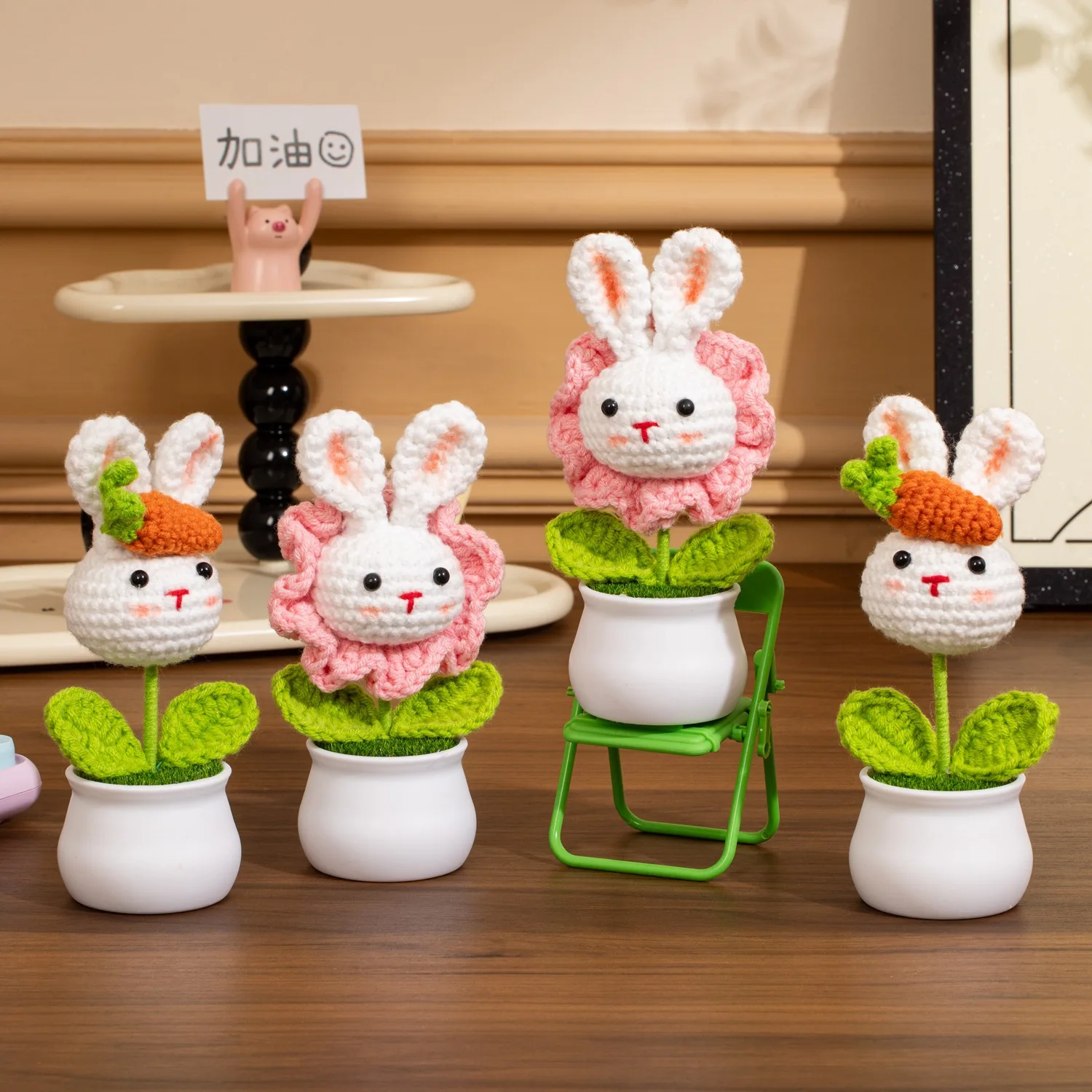 أرنب لطيف محبوك الزهور بوعاء الحيوان زهرة الكروشيه المنسوجة زهرة للسيارة ديكور المنزل الاطفال هدية