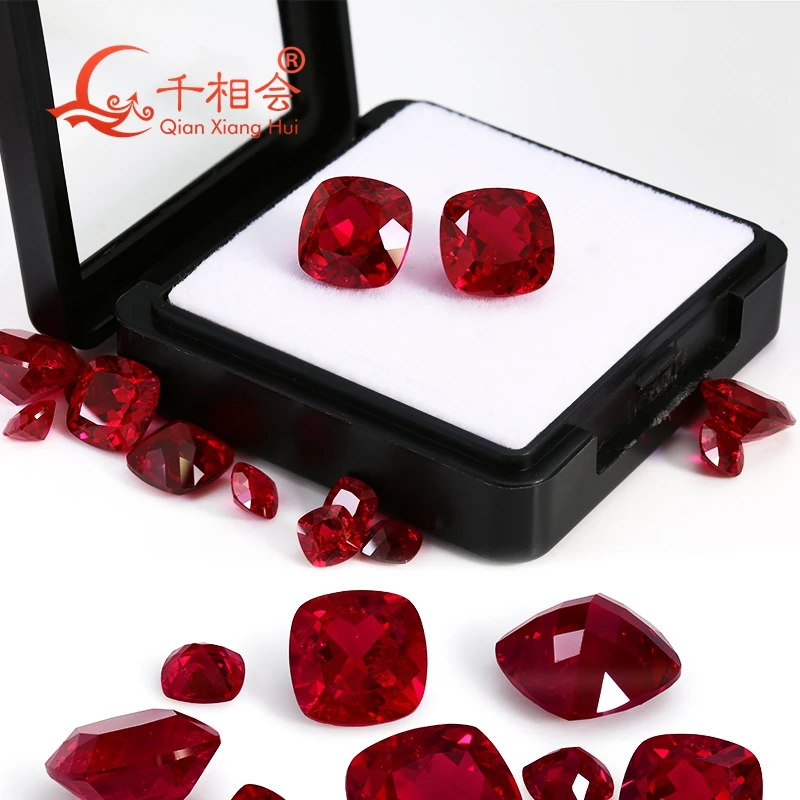 Pigeon Blood Red color lab created ruby cushion shape natural cut including minor cracks inclusions loose gem stone jewelry