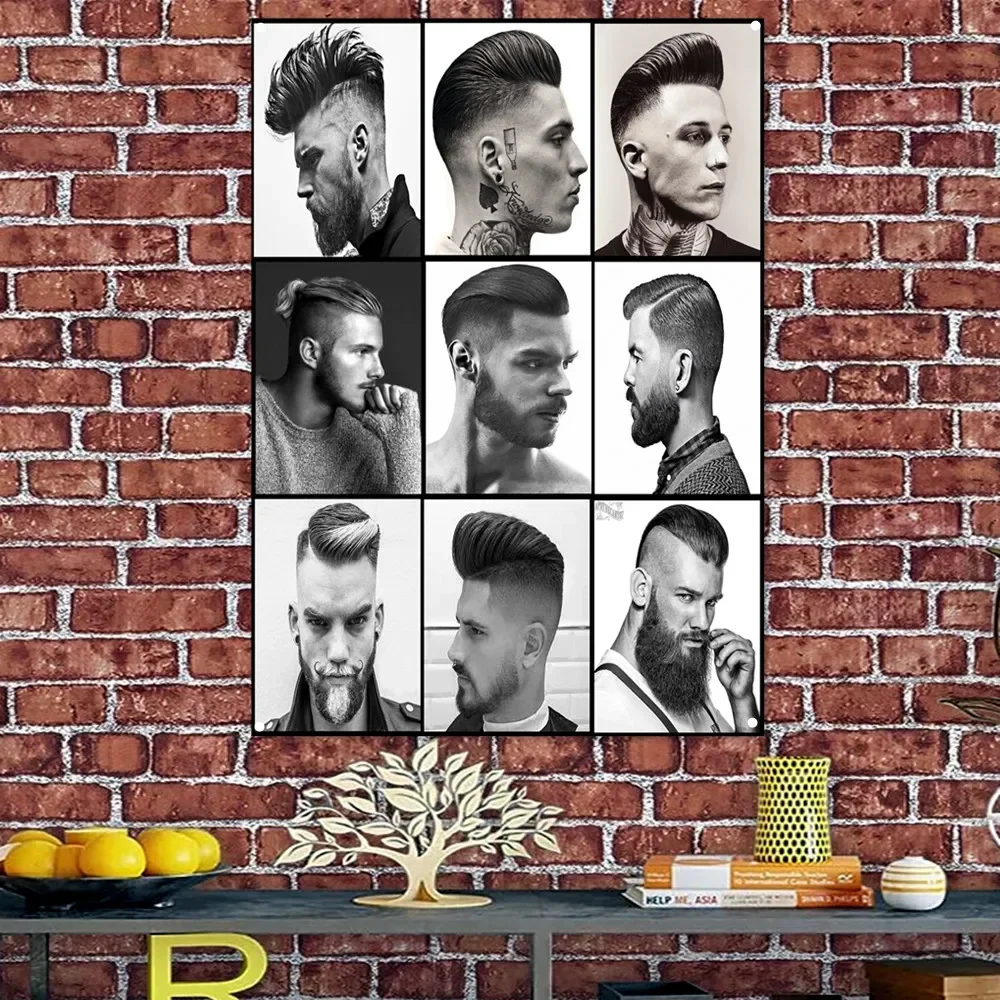 Best Men's Short Side Hairstyles Poster Banner Flag Haircut & Shave Hairdressing Ad Wall Painting Vintage Barber Shop Wall Decor