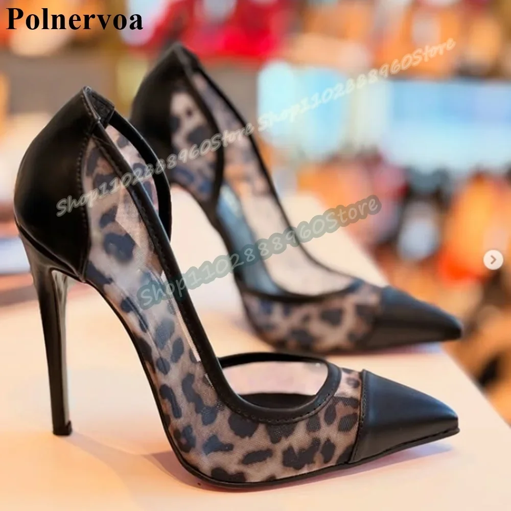 

Mixed Splicing Leopard Print Side Empty Pumps Thin High Heel Women Shoes Slip On Pointed Toe Sexy Gorgeous Shallow Women Pumps