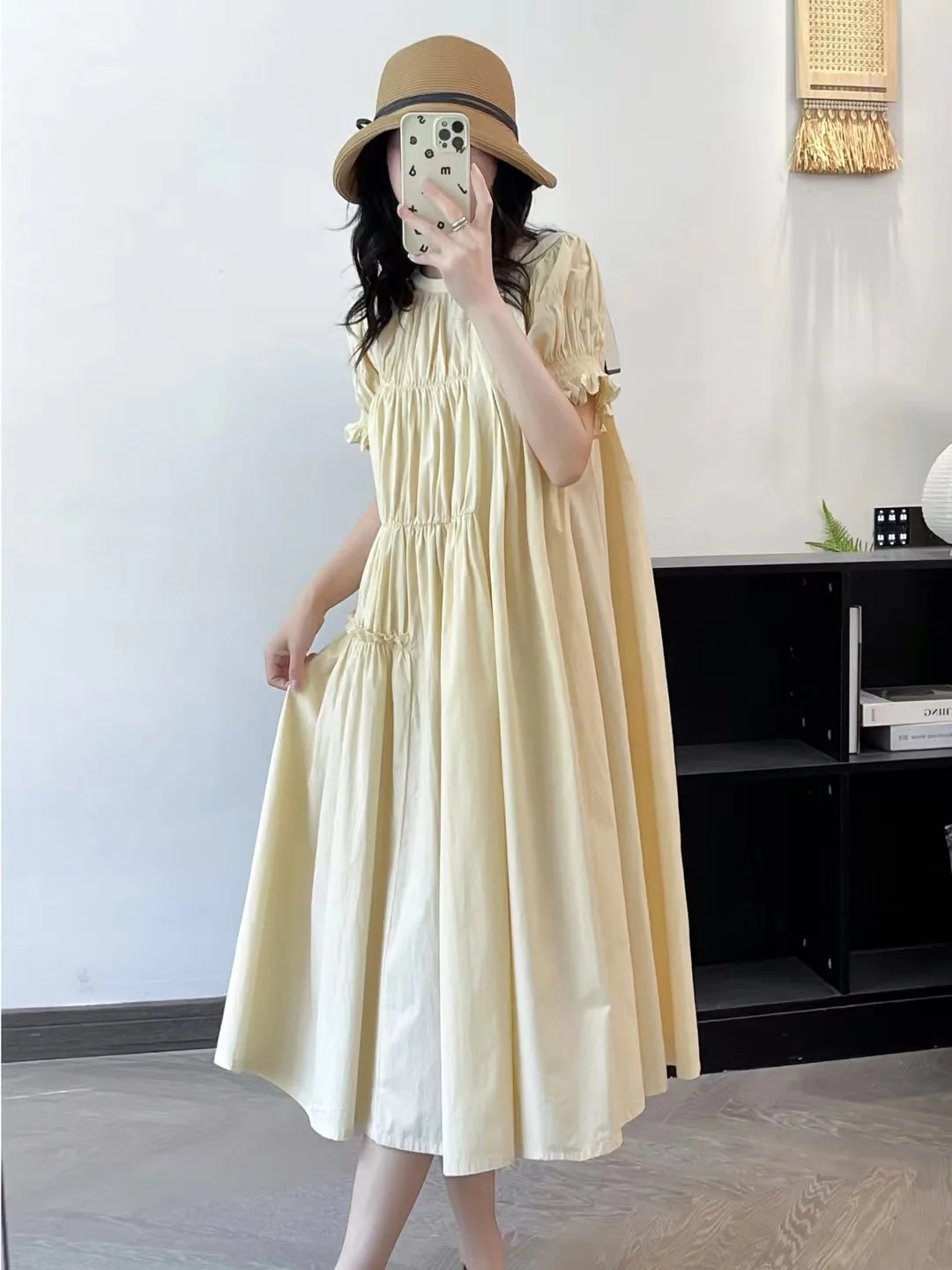 New 2026 Summer Women Cotton Short Sleeve Dresses, O Neck Ruffles Solid, Mori Girl Korean Simplicity Loose Doll Dress D66260CC
