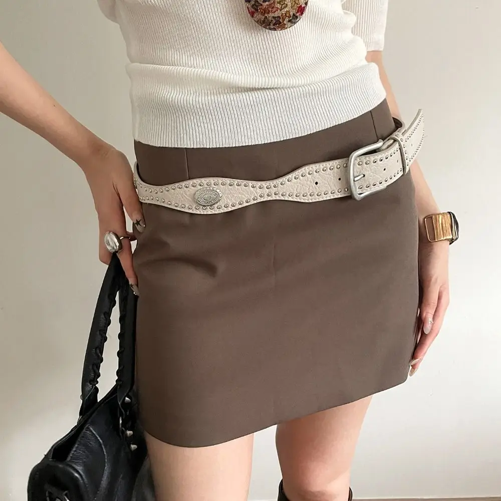 

Adjustable Maillard Women Rivet Belt Y2k Metal Buckle Wide Leather Waistband Jeans Girdle Vintage Punk Style Belt Men