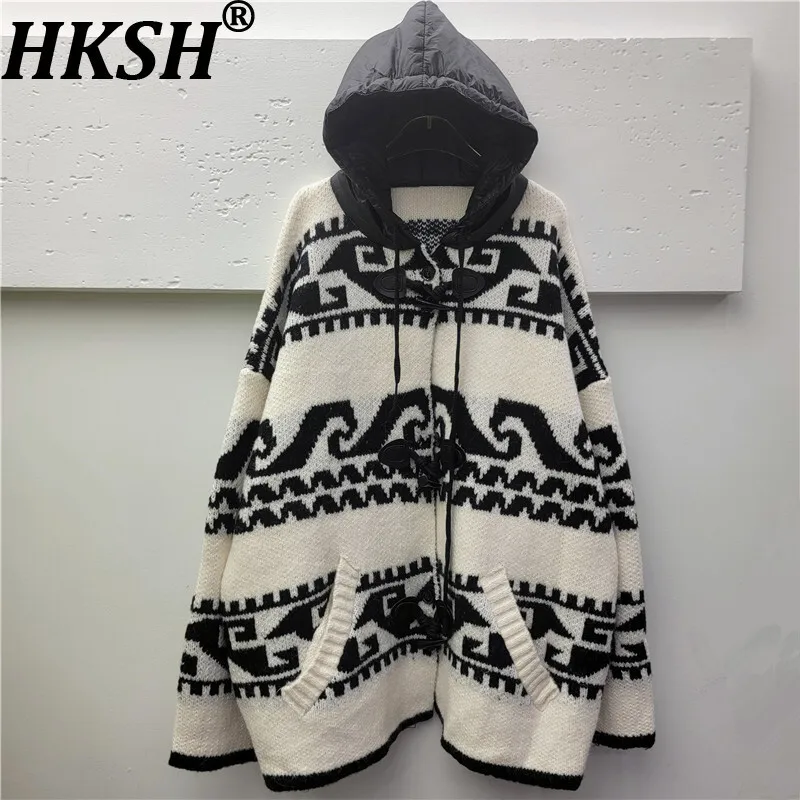 

HKSH 2023, осенне-зимний новый женский свитер с цветными блоками в стиле пэчворк, вязаный кардиган средней длины с капюшоном и шнурком, пальто HK14099