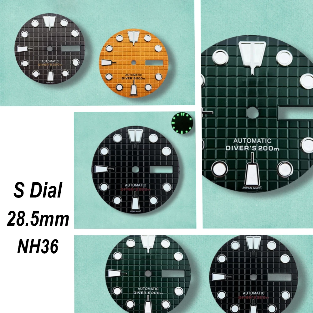 

28.5mm High Quality S Logo NH36 Dial 3D Ripples Dial Suitable NH35/NH36 Automatic Movement Green Luminous NH35 Accessories ﻿