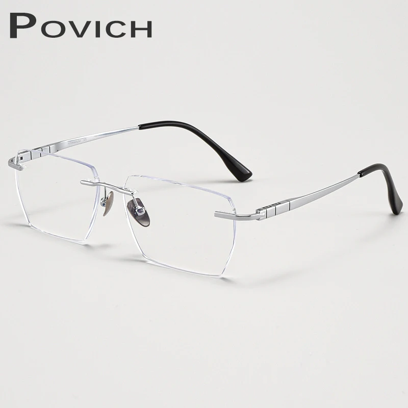 POVICH Men' Glasses Frame Titanium Eyewear Myopia Reading Prescription Rimless Optical Ocular Spring Design Filter Blue Light