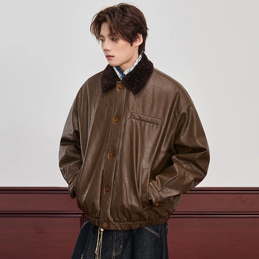 الرجال الشتاء الصوف بطانة فضفاضة عادية سميكة الدافئة سترة جلدية البضائع رجل الشارع الشهير موضة دراجة نارية سترة معطف ملابس خارجية #2