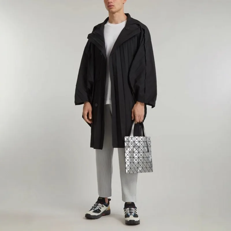 

Miyake плиссированная мужская одежда, минималистичное мужское пальто, длинная куртка средней длины с воротником-стойкой, элегантная повседневная верхняя одежда свободного покроя