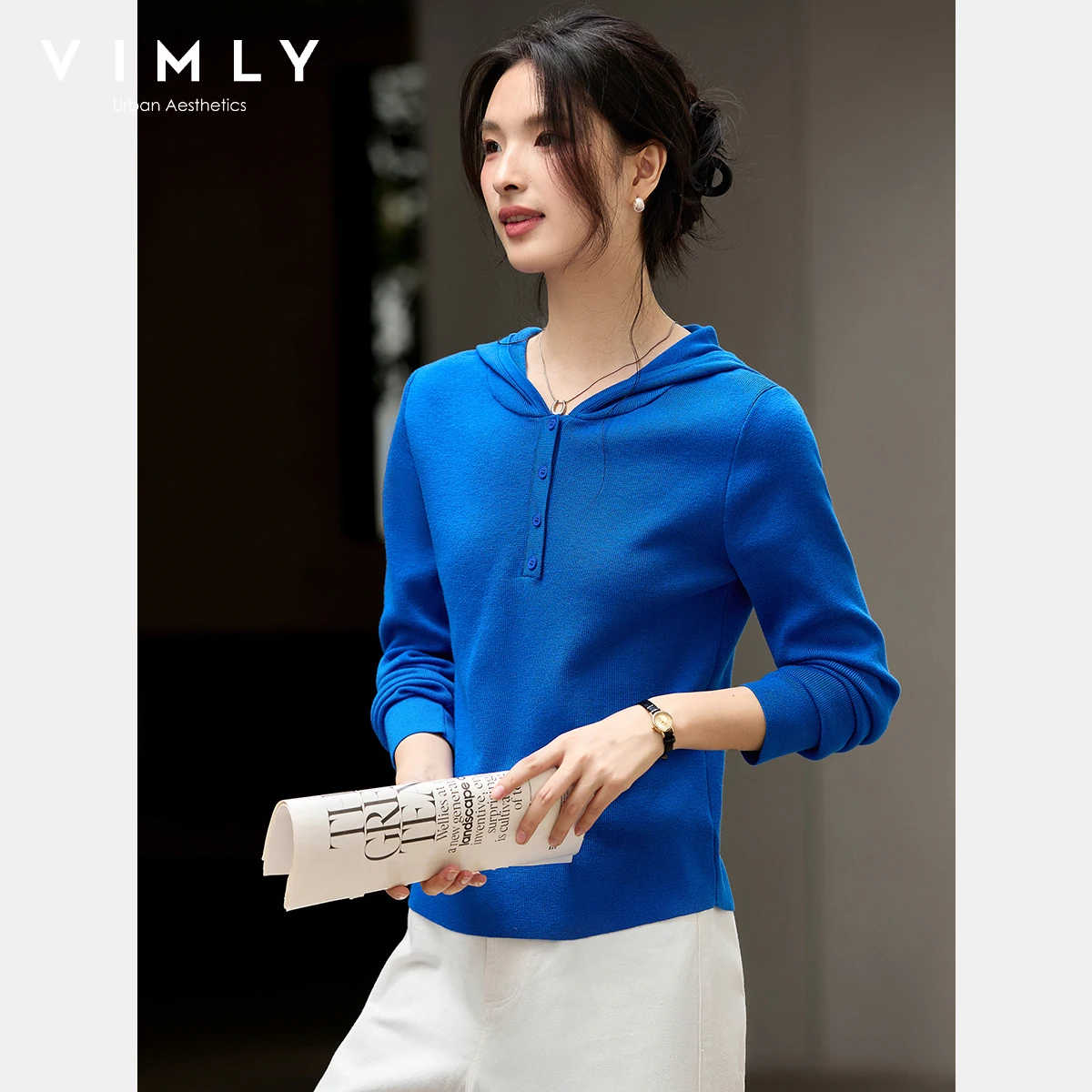 

Женские синие свитера VIMLY, повседневные вязаные женские пуловеры с капюшоном, осень 2021, элегантные джемперы на пуговицах с длинными рукавами 75202