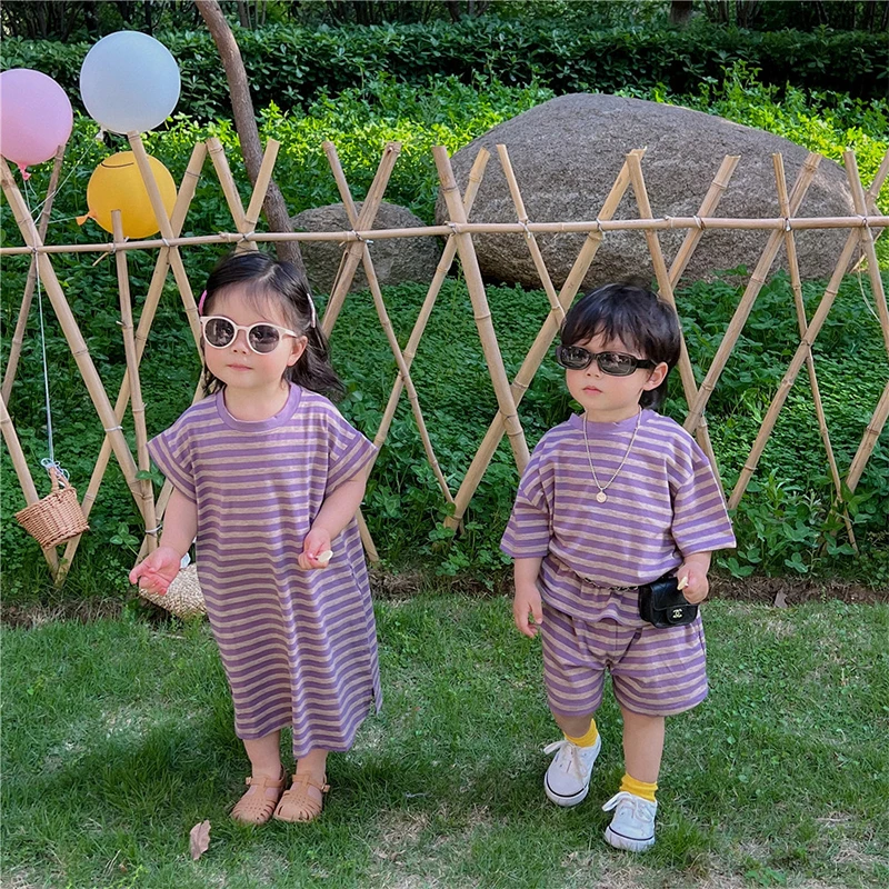 

Purple Striped Sister Clothes Casual Top Pants Summer Boys Shorts 2PCS Suit Set Children Thin Girls Dresses Cousin Spring Outfit