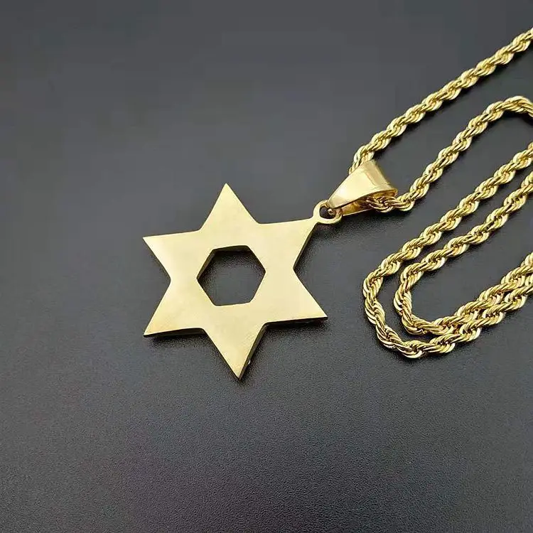 New 1pcs Hip Hop Rhinestone Gold Color Stainless Steel Necklaces Jewish Star Of David Hexagram Pendant Necklace For Men Rapper