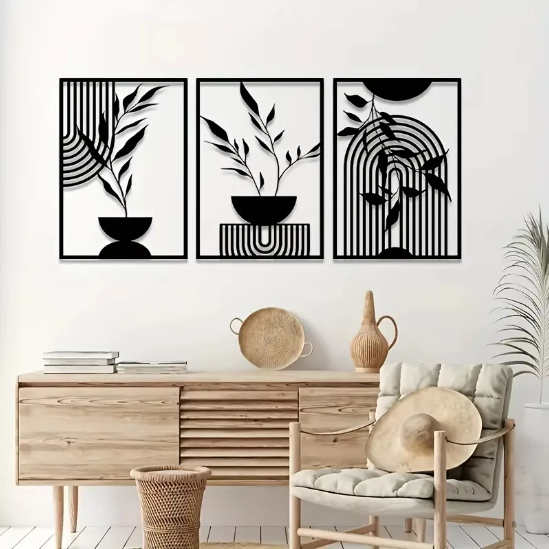 CIFBUY 3Pcs Metal Wall Art Set, Abstract Geometric Black Iron Hanging Decor, 2D Flat Laser Cut, Powder-Coated Rustproof