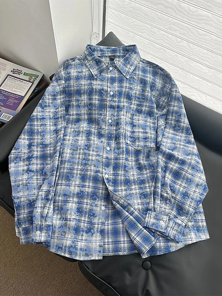 

Blue Plaid Tie-Dye irt Thin Long Sve Collared Outerwear for Men Spring Summer Faion Loose Fit Youthful Sle Button Cl...