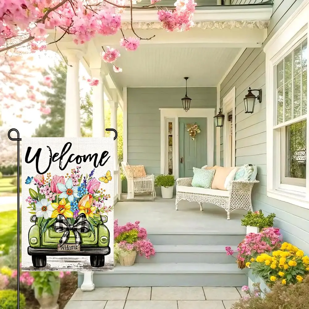 Welcome Spring Garden Flag 12x18 Inch, Vintage Green Truck with Flowers Double Sided Yard Flag for Outdoor Porch Lawn Decor  MMZ