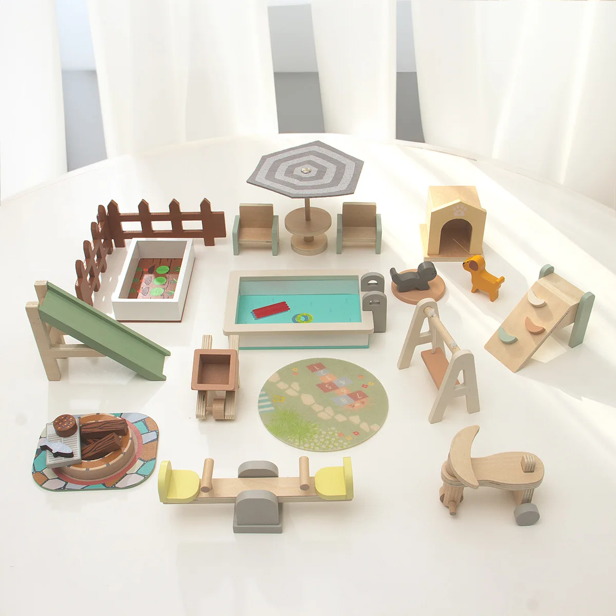 Juego de simulación para niños, juego de patio de juegos en miniatura, muebles de exterior para casa de muñecas, Mini juguete de escena de simulación