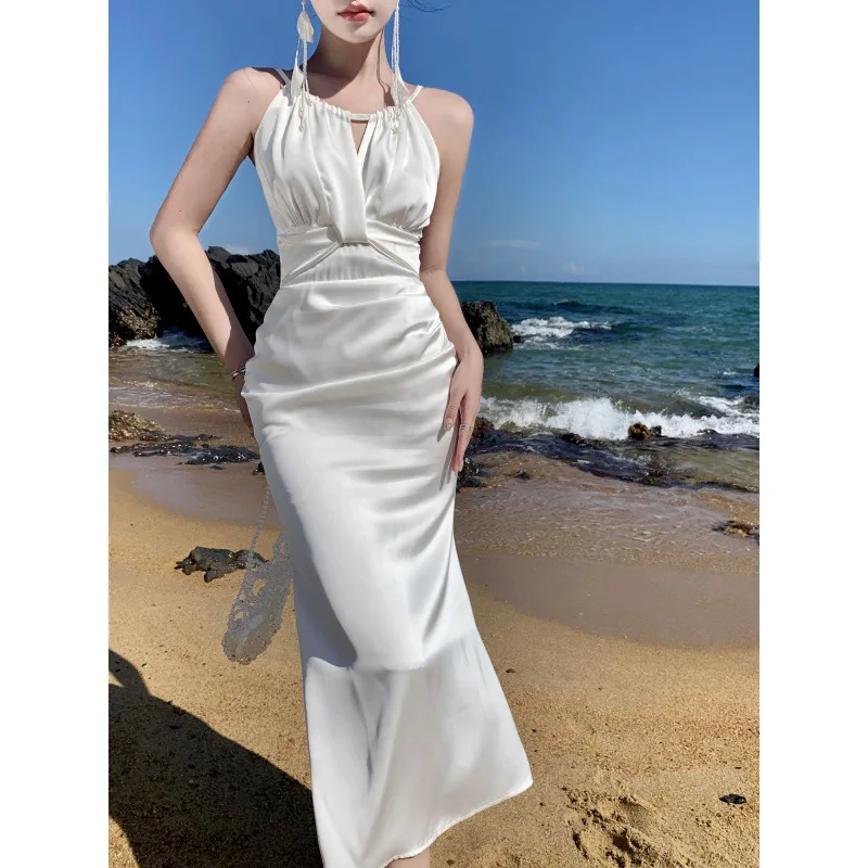 

Spring Summer New Style French Retro Halter Strap Dress for Women Satin Fish Tail Dresses Korean High-Level Feeling Long Dress