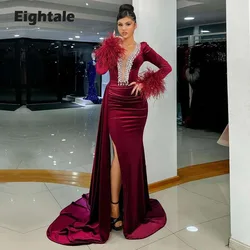 Eightale Caftan Vevet Evening Dresses Feather V Neck Mermaid Prom Gown Long Sleeves Burgundy Side Split Arabic Dubai Party Dress