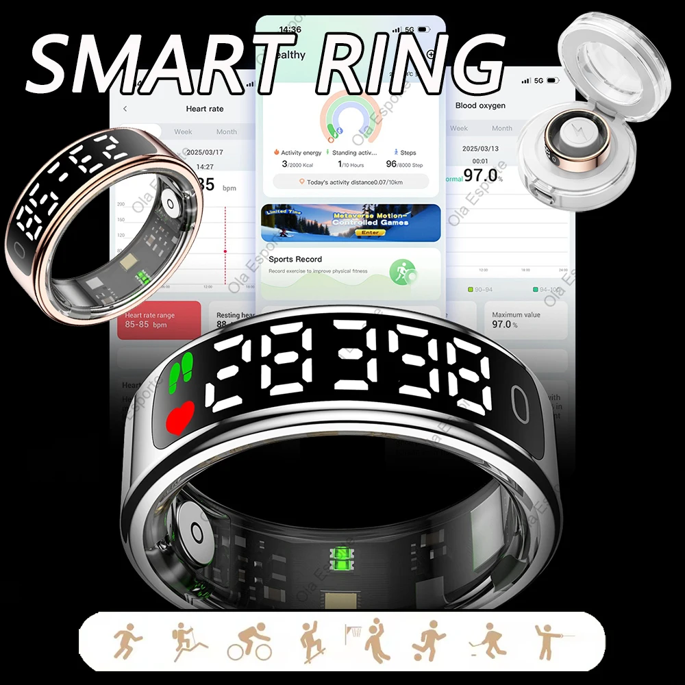 

Смарт-кольцо 2025 для мужчин и женщин, светодиодный экран, монитор сердечного ритма, кислорода в крови, 5 АТМ, водонепроницаемый, мультиспортивный режим, Smartring, подарки