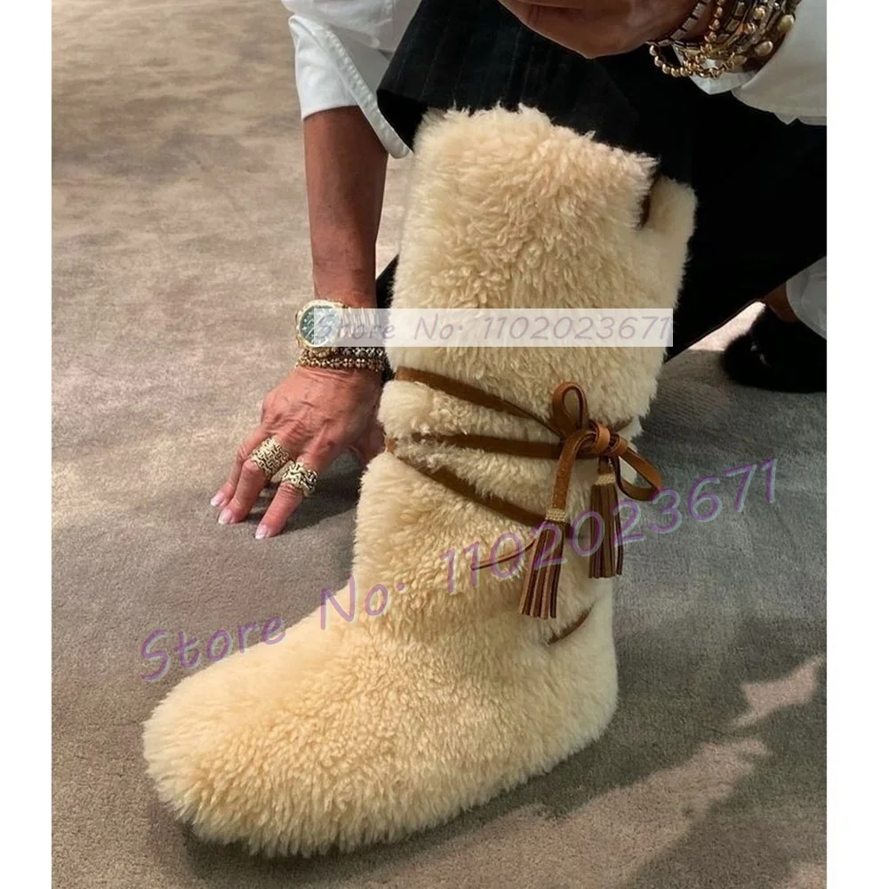 Beige Plush Wool Boots For Women Winter Warm Mid-high Flat Non-slip Cotton Shoes Trendy Round Toe Girl's Cross Tied Tall Boots