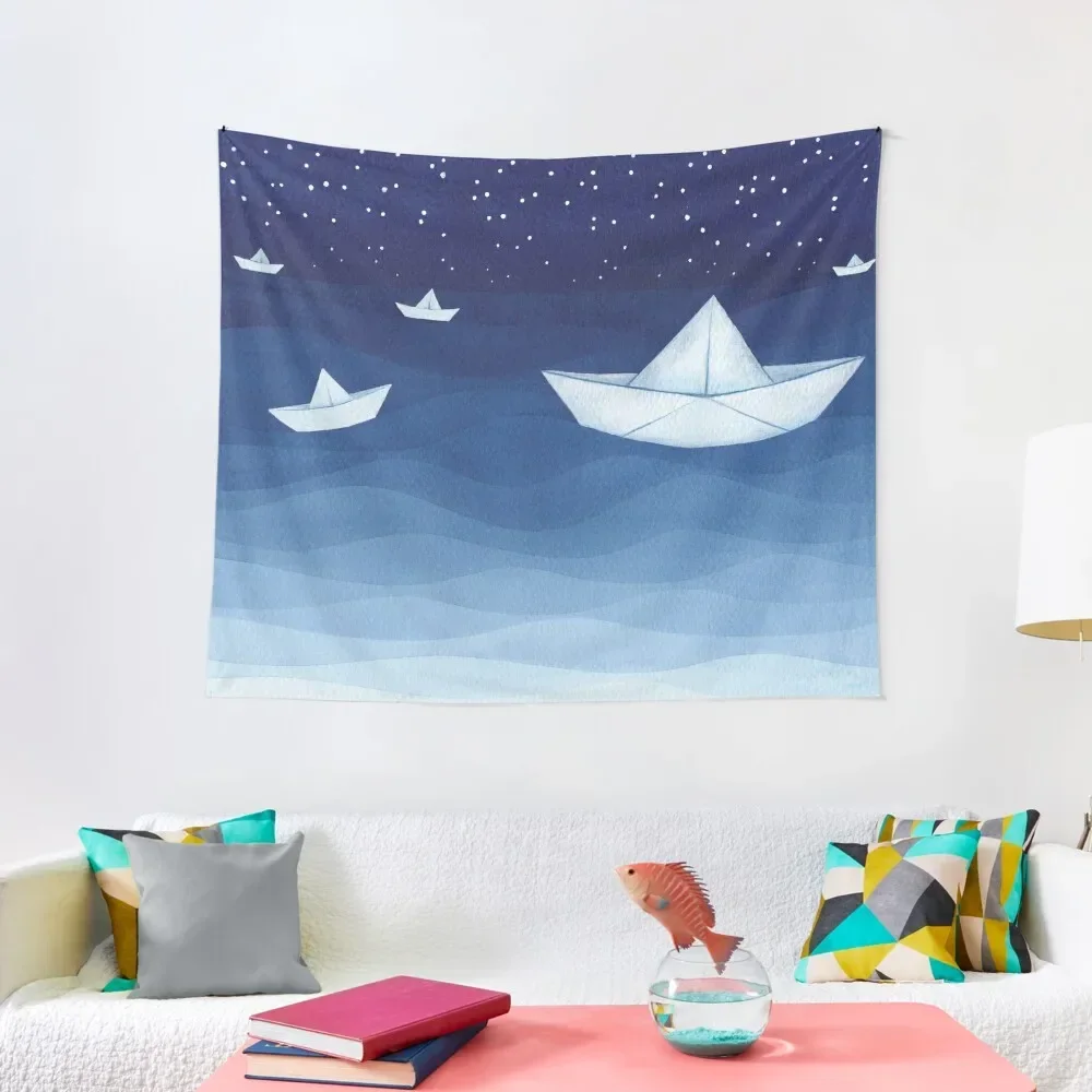 

Five sailboats, blue watercolor Tapestry Funny Room Design Tapestry