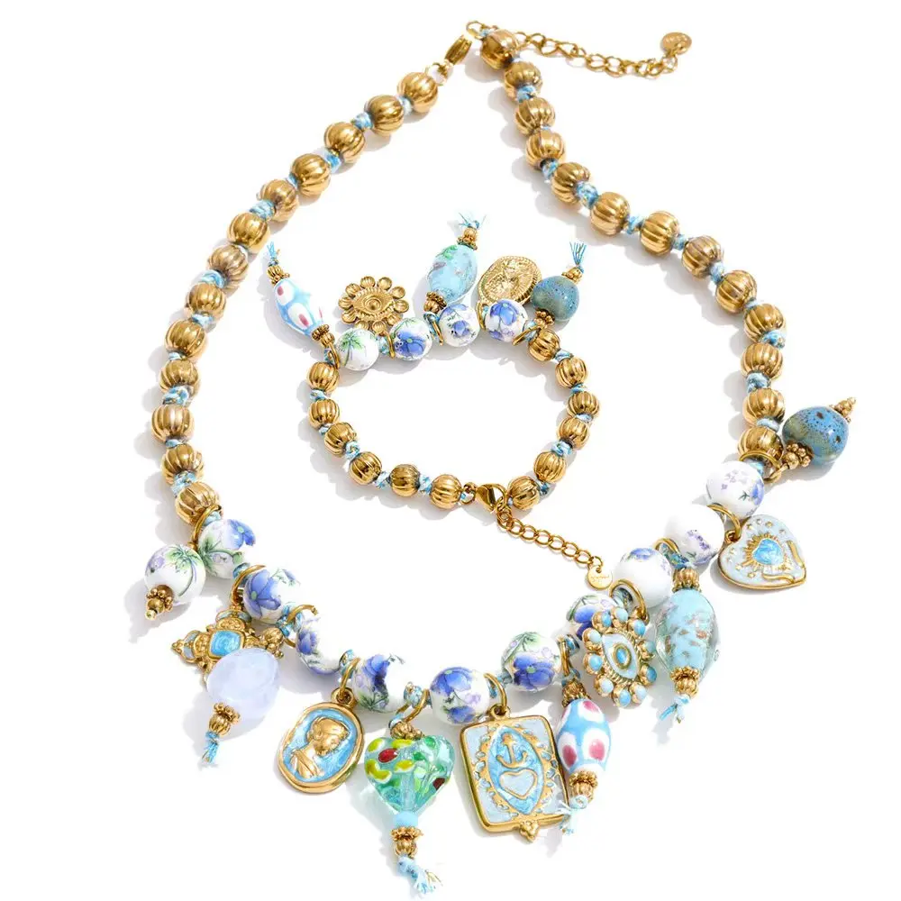 Women's Handmade Beads Chain Ceramic Heart Eye Drop Necklace Bracelet Set