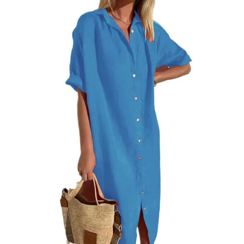 Spring Summer Long Shirt Dress For Women Office Commuting Versatile Short-sleeved Button Elegant Casual Pocket Solid Color Dress