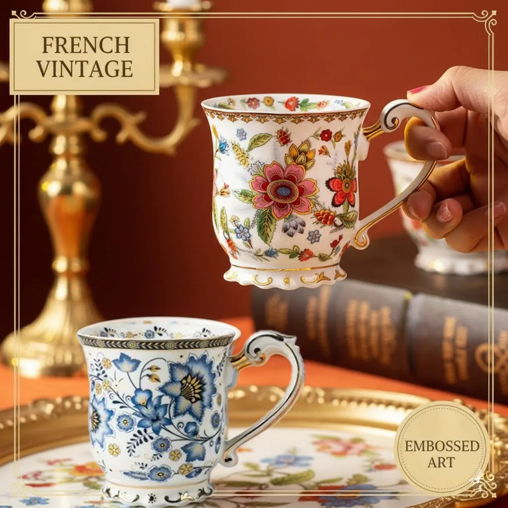 

Elegant French Vintage & Italian Blue Floral Mug - Embossed Ceramic Coffee Tea Cup with Gold Handle - Aesthetic Gift 350ml