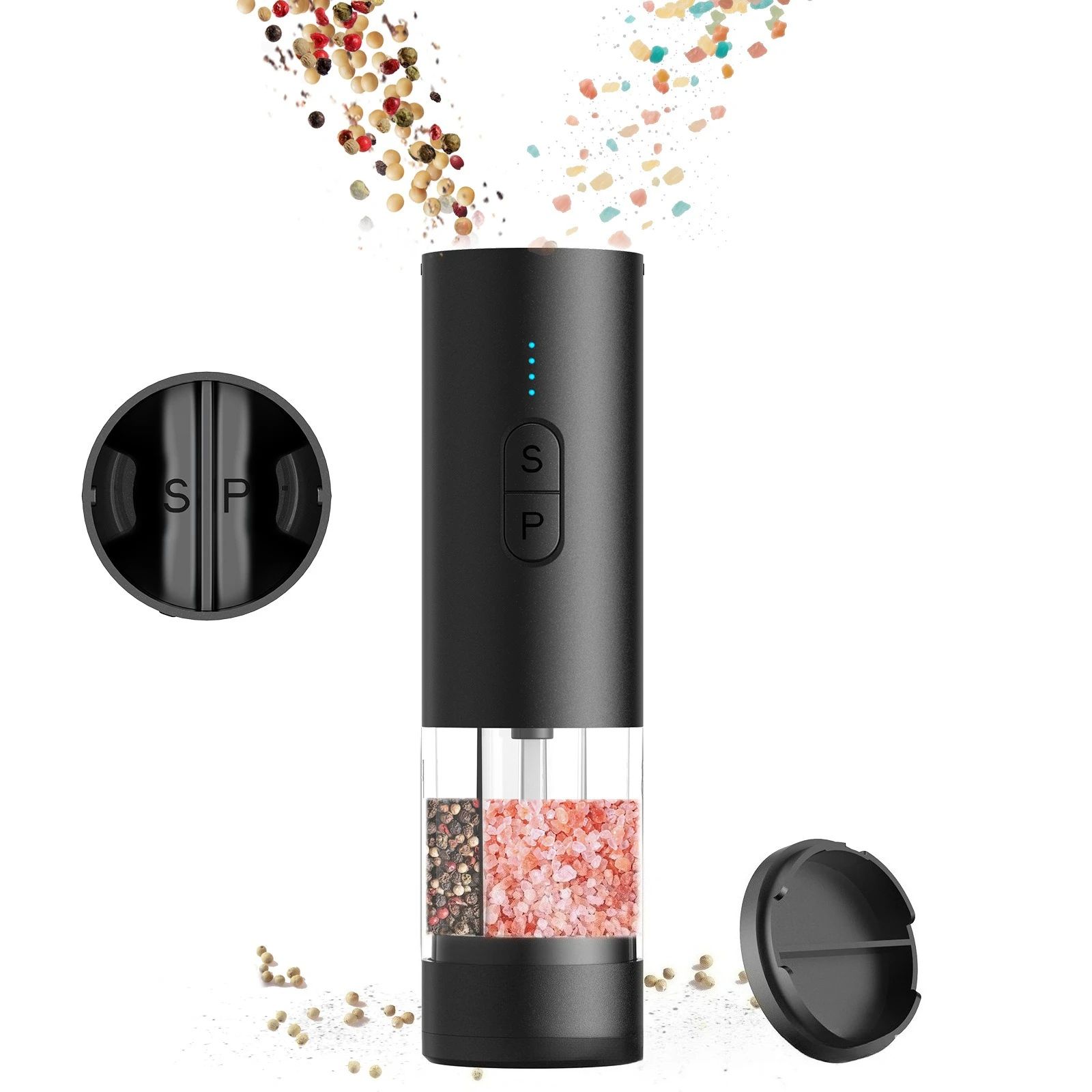 مطحنة ملح فلفل أوتوماتيكية 2 في 1 غرفة مزدوجة مع رؤوس طحن منفصلة، مطحنة قابلة للتعديل USB للطهي في المطبخ