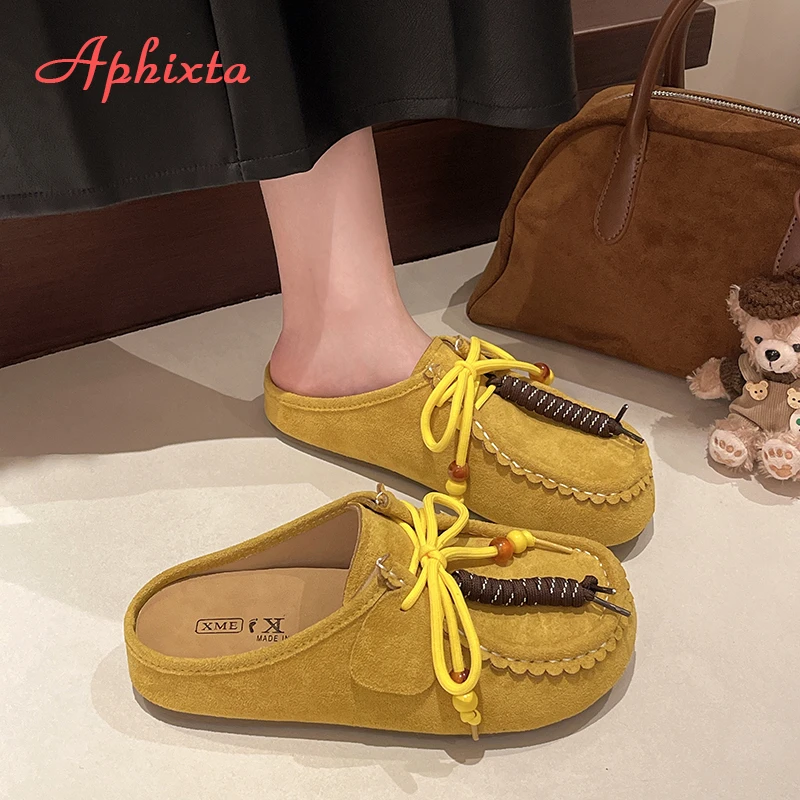 

Aphixta/2025 новые летние швейные тапочки на плоской подошве с внешними шнуровкой, женская модная женская обувь без шнуровки с желтыми шлепанцами