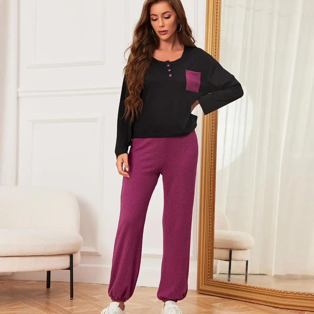 Solid Women Pajama Sets Long Sleeves Button Top & Full-Length Pants 2 Pieces Sleepwear Scroop Neck Female Nightwear Homwear