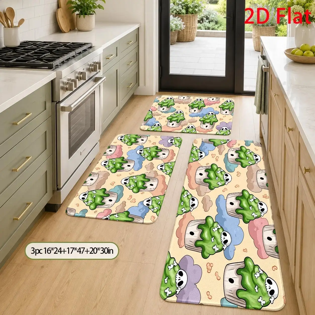 1pc, 2pcs, 3pcs, 2D Flat Kitchen Floor Mat Set, Spooky Cupcake Skeleton Pattern Floor Rug, Halloween Themed Decorative Kitchen Mat, Easy-to-Clean Bathroom Floor Mat, Suitable for Kitchen, Bathroom, Laundry Room, Dining, 2D Flat