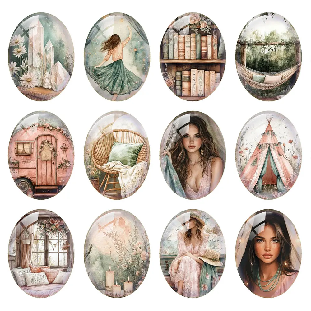 Random Mixed Round/Oval/Square Boho Bohemian Forest Women Camp Photo Glass Cabochon Flatback Demo Cameo For Diy Jewelry Making