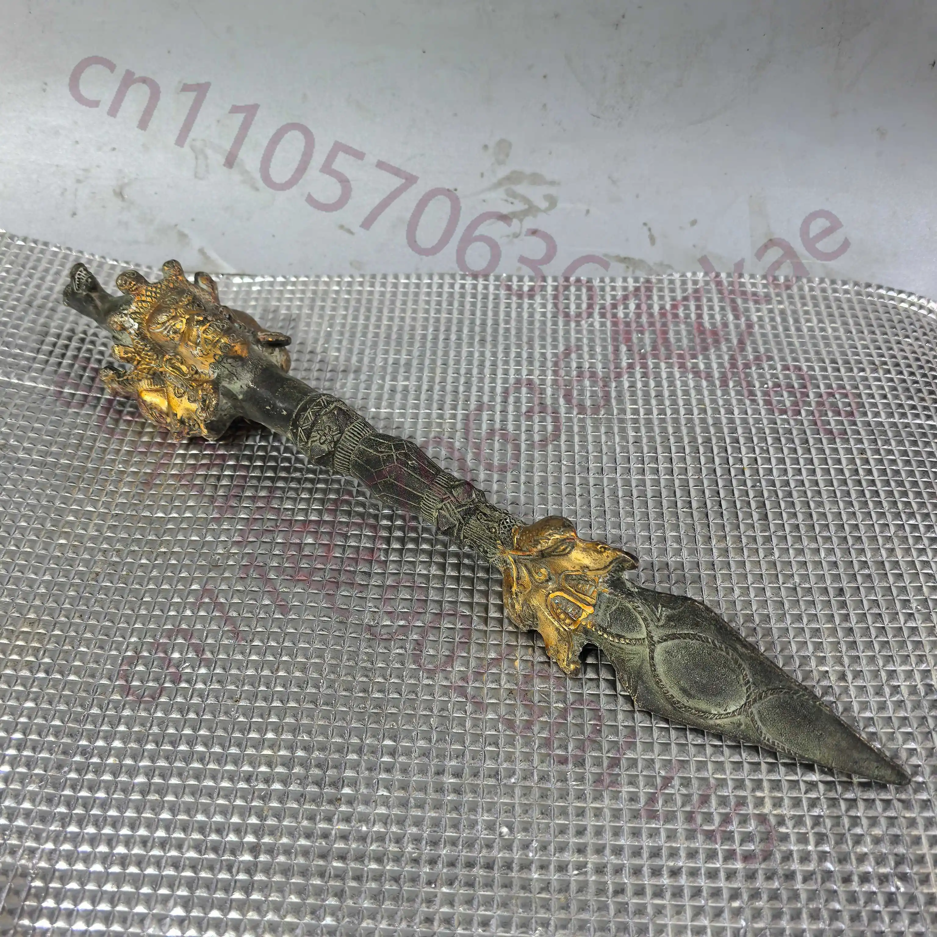 

Chinese Folk Collection of Pure copper gilded diamond pestle, demon slaying three sided Puba pestle, religious artifact