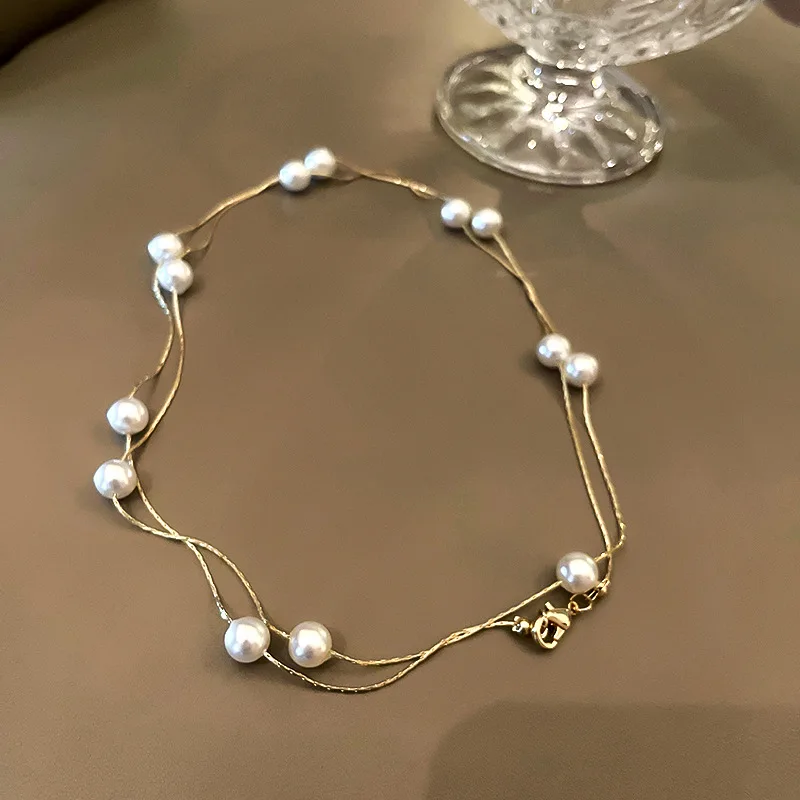 Korean Elegant Imitation Pearl Beads Double Layered Stacked Necklace Gold Color Chocker on The Neck Jewelry 2024 Collar for Girl