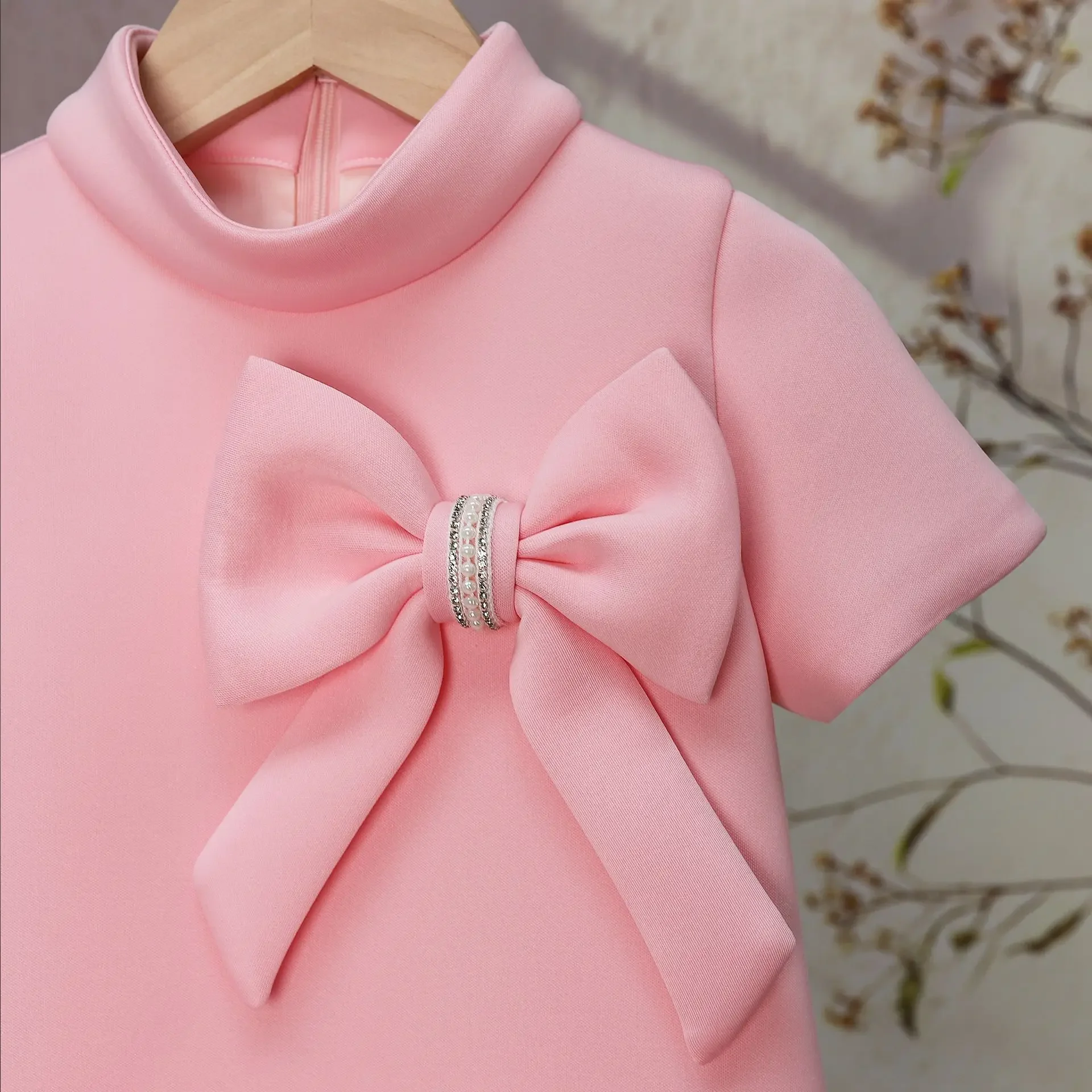 Princess Costume Children Solid Color Flower Ruffle Design Kid Girl Princess Dress High-End Short Sleeves Baby Girls Party Frock
