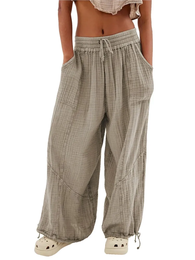 

Beach Pants For Women Wide Leg Pants High Waist Drawstring Loose Pant With Pocket 2025 Solid Color Autumn Pantalones De Mujer