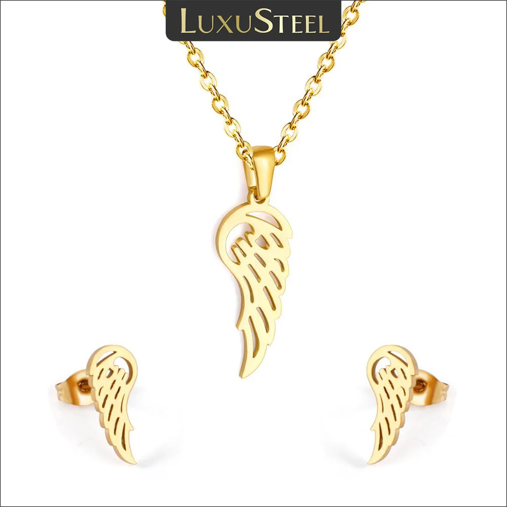 LUXUSTEEL Golden Angel Wings Pendant Necklace For Women Girl Christmas Jewelry Sets Stainless Steel Link Chain Collars Party